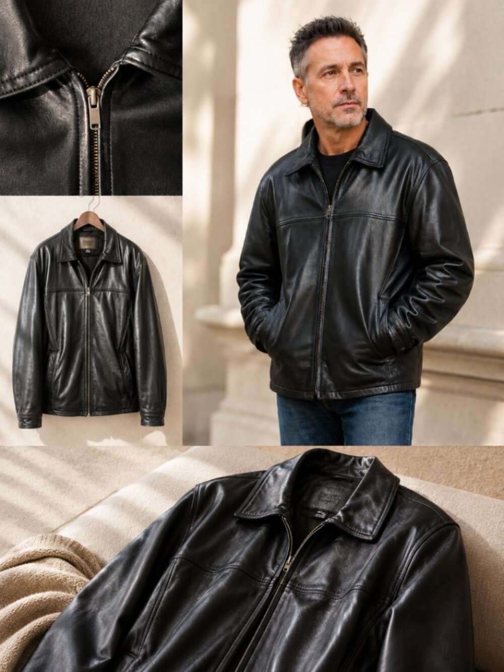Leather Car Coat Jacket Soft Black Men’s XL Tall Fully Lined Side Pockets